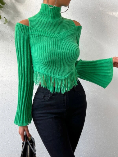 Cold Shoulder Fringe Hem Ribbed Knit Sweater $15.00