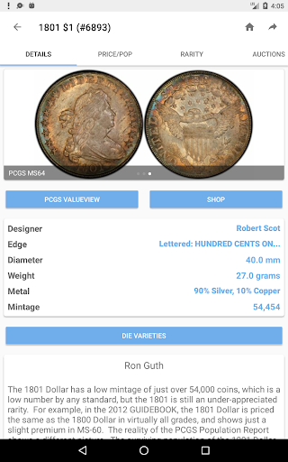 PCGS CoinFacts - U.S. Coin Val screenshot