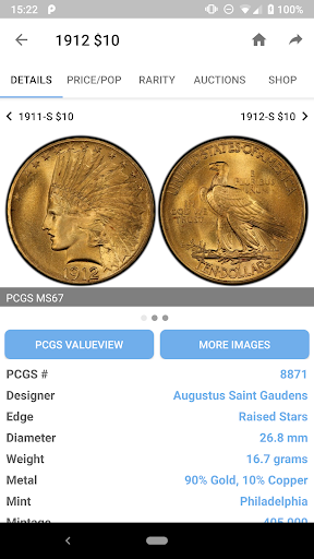 PCGS CoinFacts - U.S. Coin Val screenshot