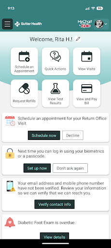 Sutter Health My Health Online screenshot